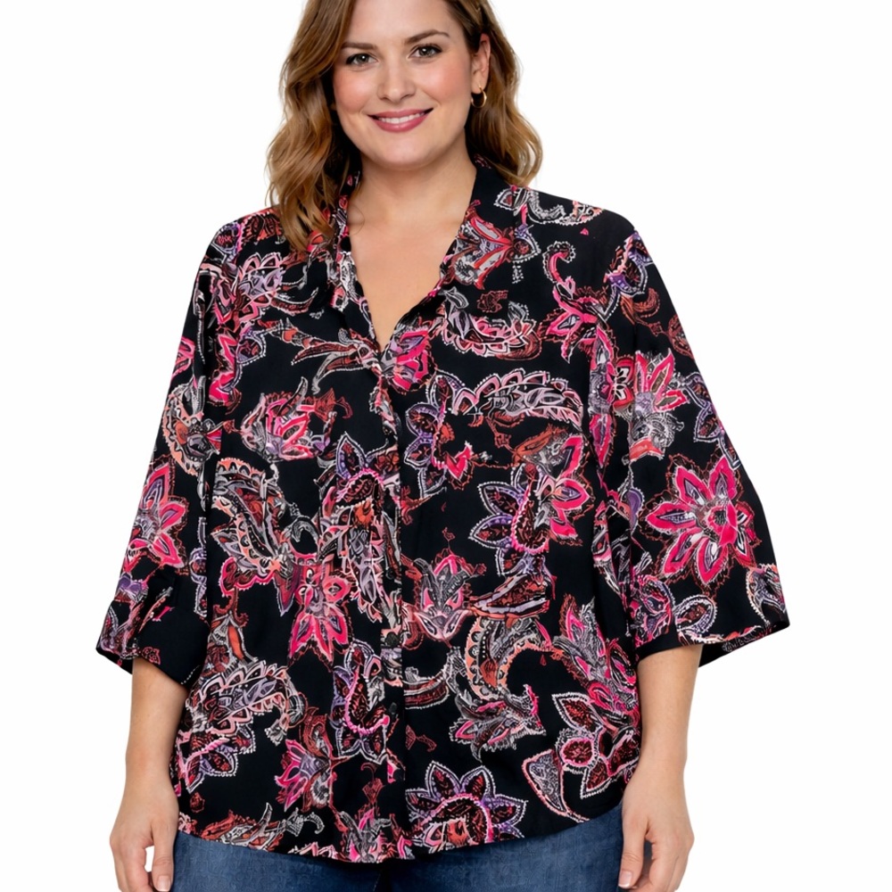 3/$20💥Catherines Colorful Floral Paisley Top Button Down Relaxed Flowy Fit Boho